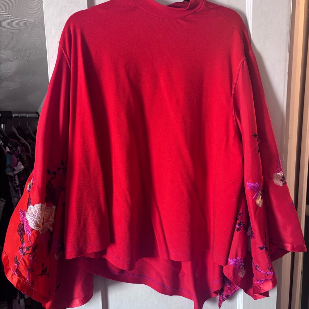 Free People Red Oversized Blouse with Mandarin Collar